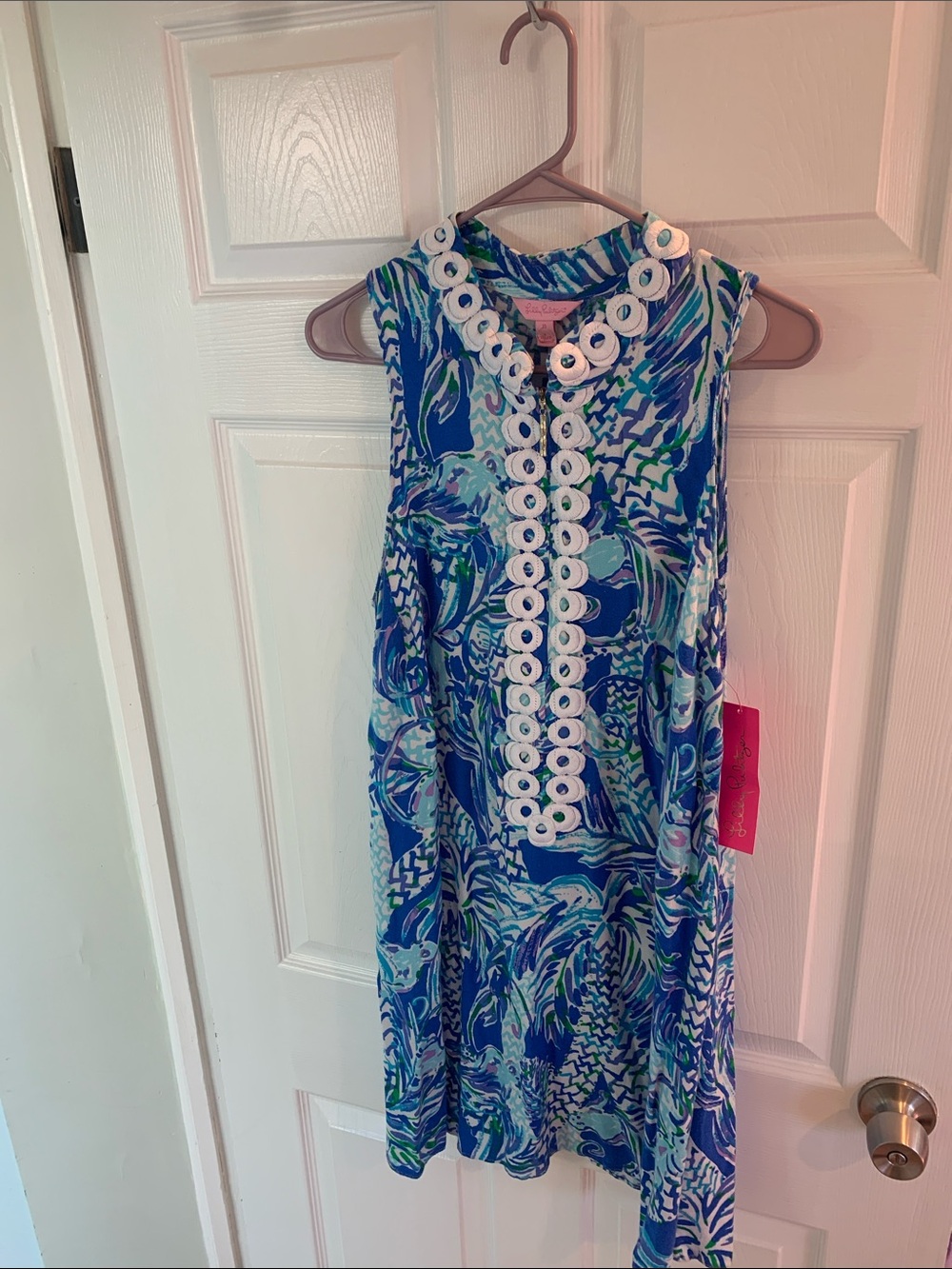 Lilly Pulitzer Blue, Green & White Sleeveless Shift Dress with Eyelet Trim